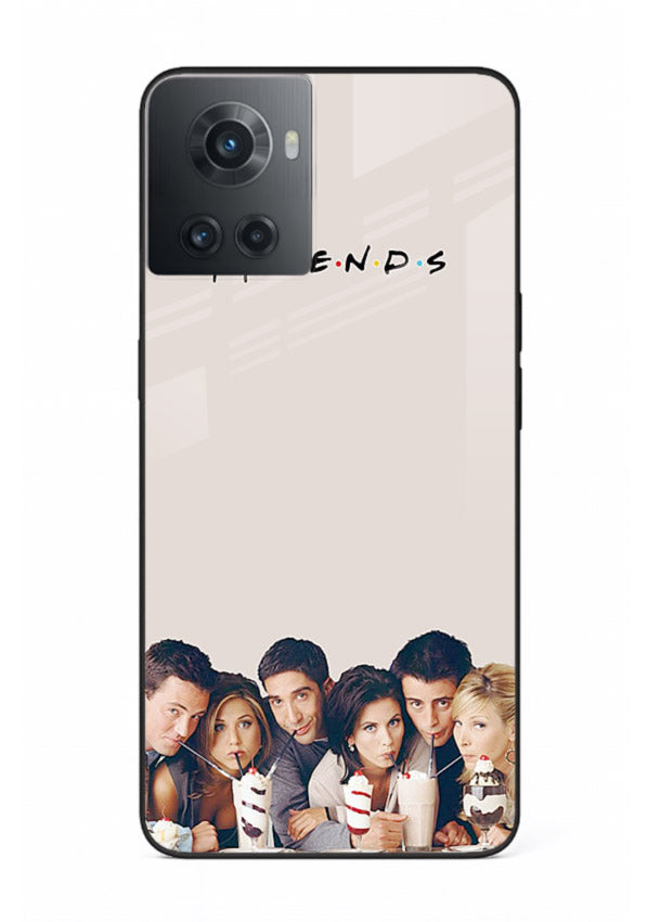 Minimal friends artwork printed on glossy tempered glass OnePlus 10R back cover