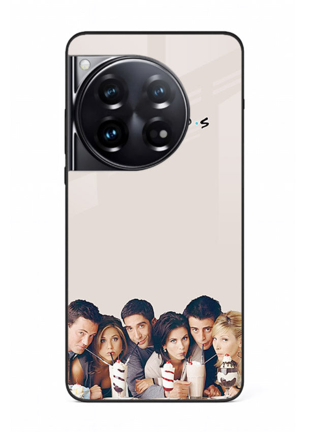 Minimal friends artwork printed on glossy tempered glass OnePlus 12 back cover