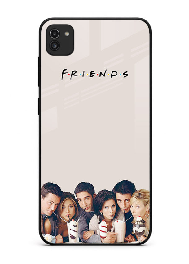 Minimal friends artwork printed on glossy tempered glass Samsung A03 back cover