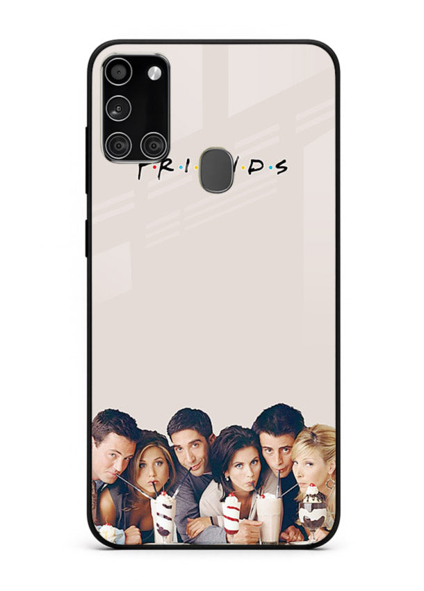 Minimal friends artwork printed on glossy tempered glass Samsung A21s back cover