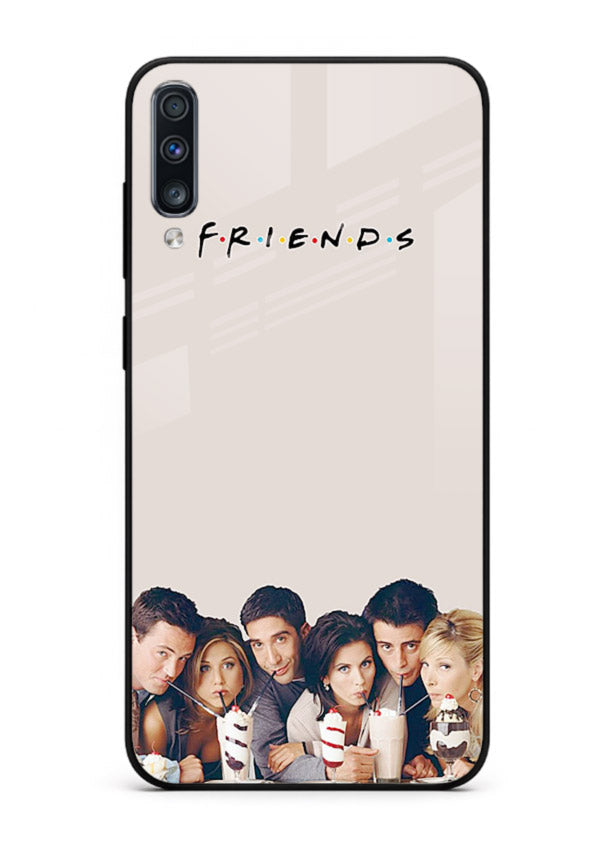 Minimal friends artwork printed on glossy tempered glass Samsung A70 back cover