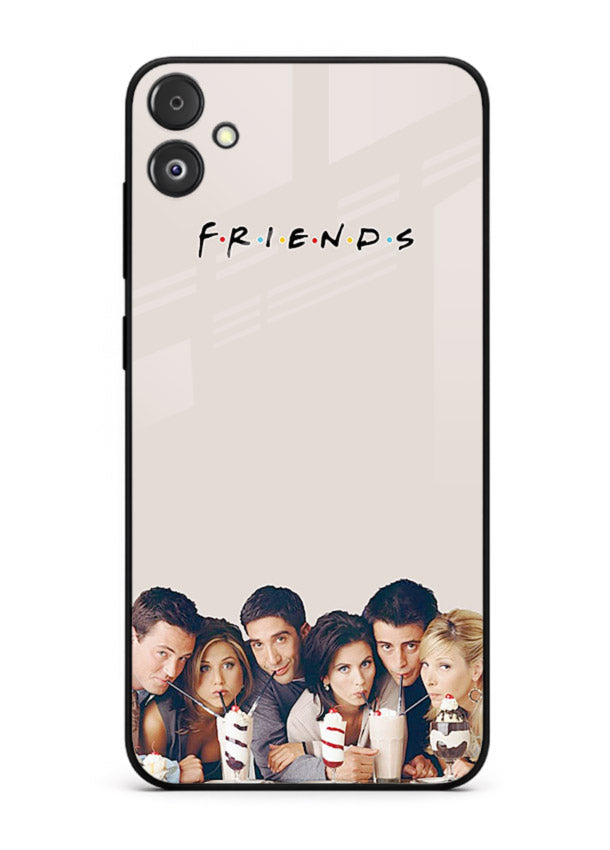 Minimal friends artwork printed on glossy tempered glass Samsung F05 5G back cover