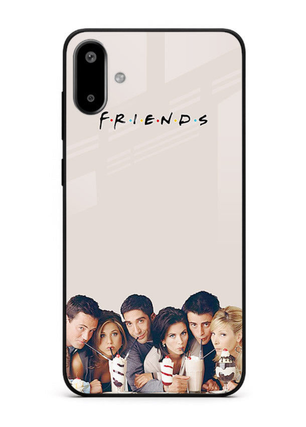 Minimal friends artwork printed on glossy tempered glass Samsung F06 5G back cover