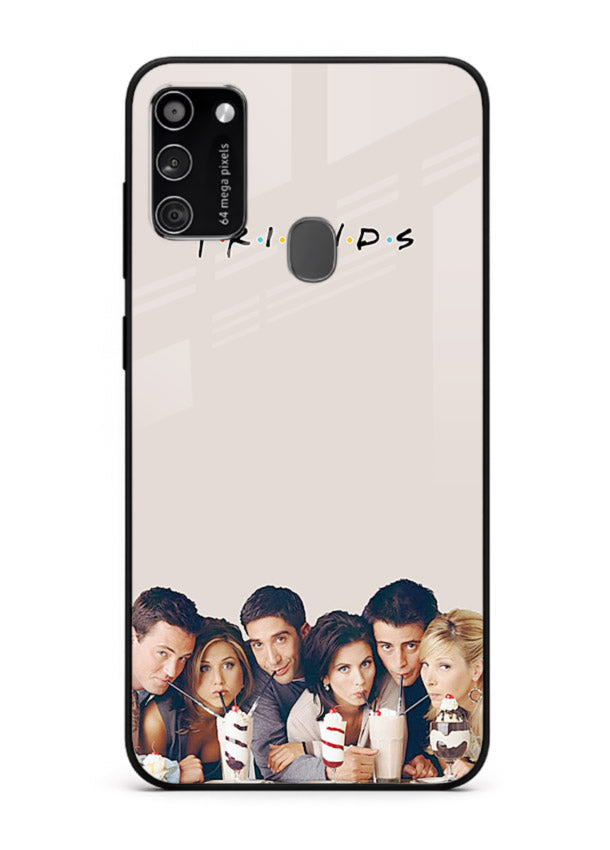Minimal friends artwork printed on glossy tempered glass Samsung M30s back cover