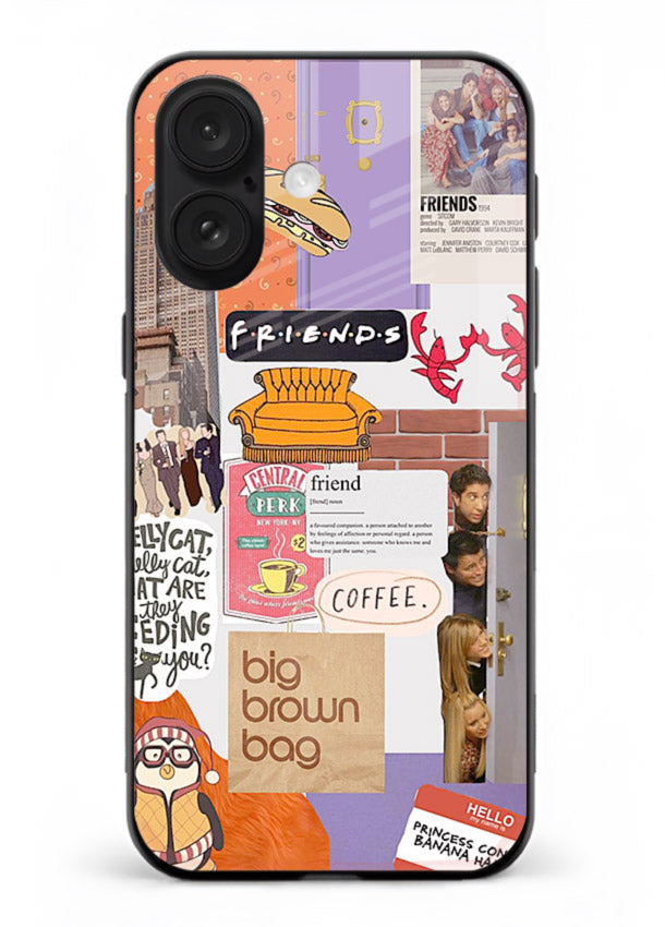Sitcom mood board artwork printed on glossy tempered glass iPhone 17 back cover