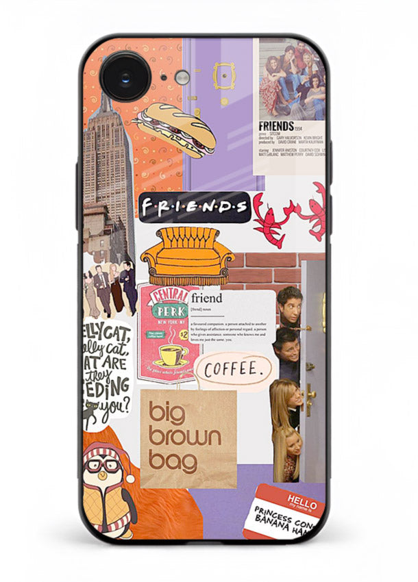 Sitcom mood board artwork printed on glossy tempered glass iPhone 16E back cover
