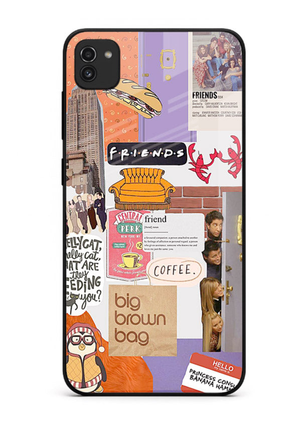 Sitcom mood board artwork printed on glossy tempered glass Samsung A03 back cover