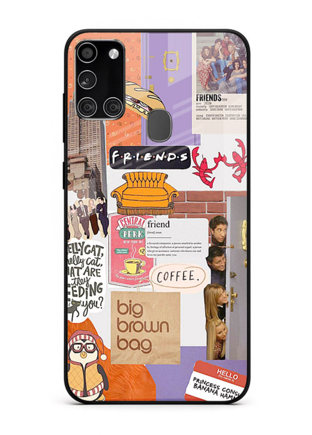 Sitcom mood board artwork printed on glossy tempered glass Samsung A21s back cover