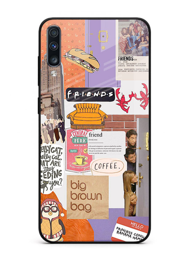 Sitcom mood board artwork printed on glossy tempered glass Samsung A50 back cover