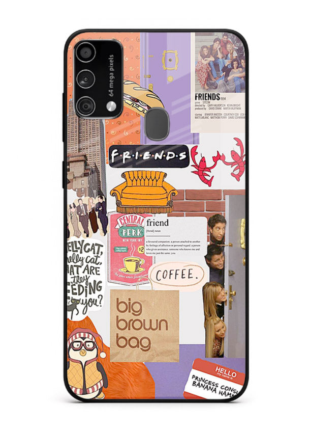 Sitcom mood board artwork printed on glossy tempered glass Samsung F41 back cover