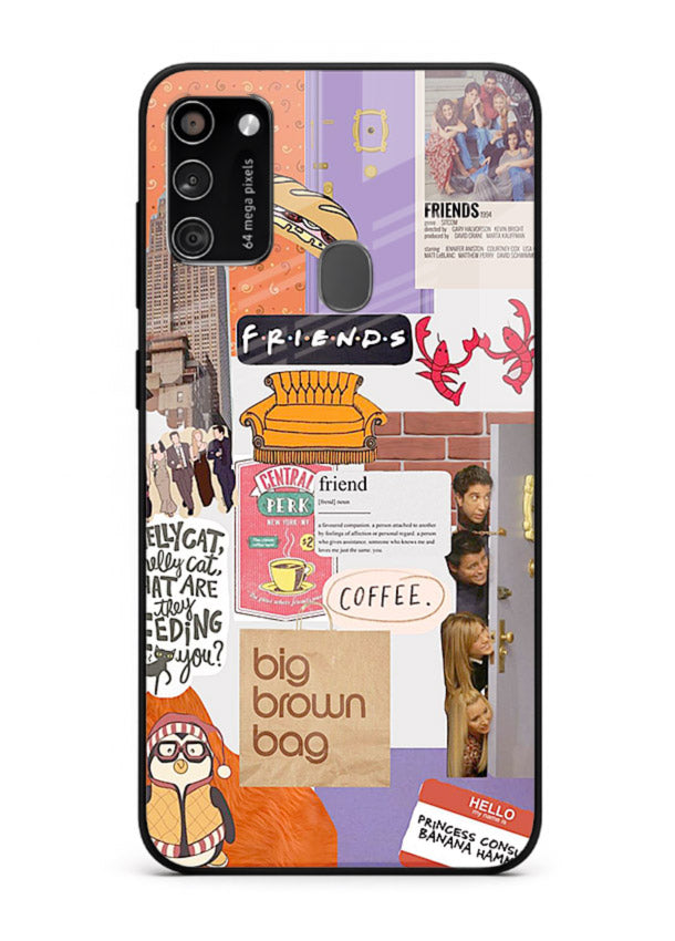 Sitcom mood board artwork printed on glossy tempered glass Samsung M21 back cover