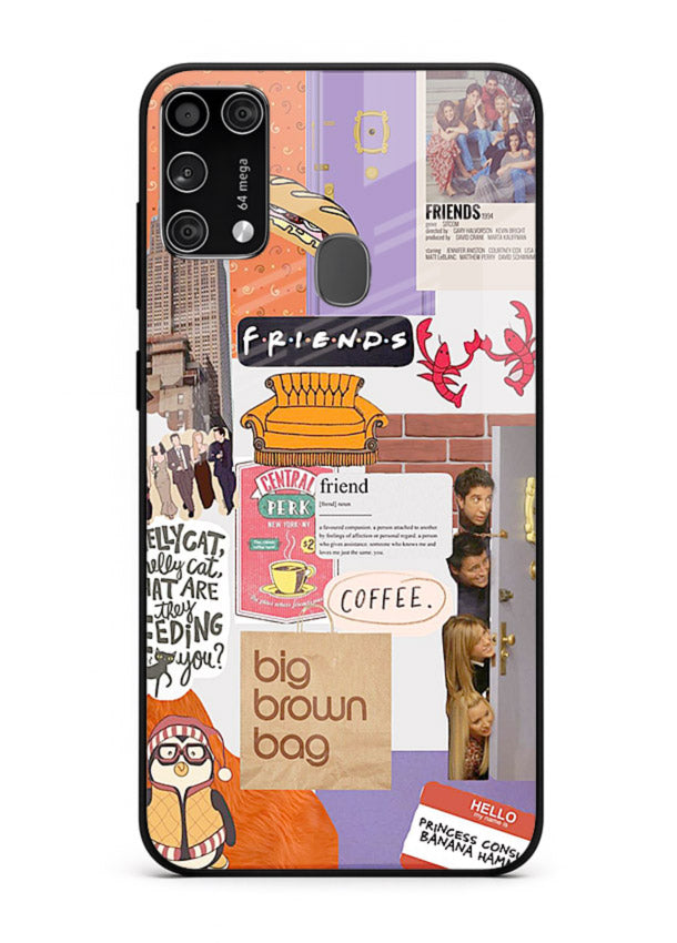 Sitcom mood board artwork printed on glossy tempered glass Samsung M31 Prime back cover