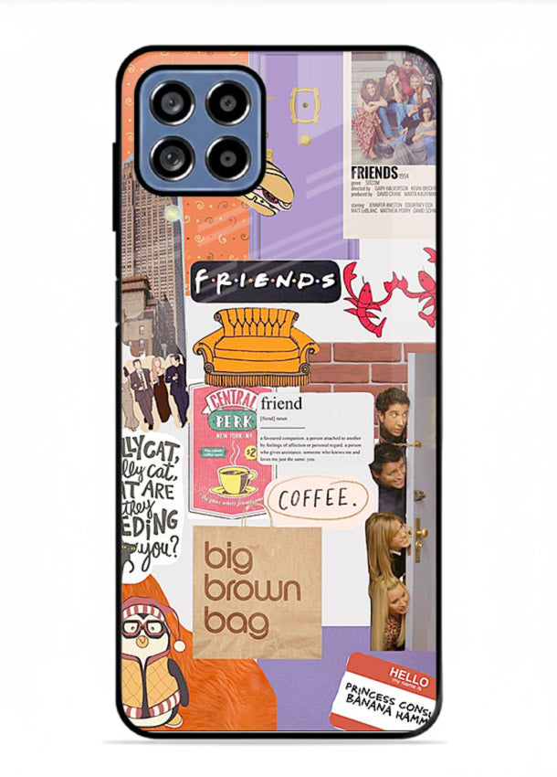 Sitcom mood board artwork printed on glossy tempered glass Samsung F62 back cover