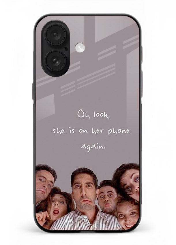 Grey friends quote artwork printed on glossy tempered glass iPhone 16 Plus back cover