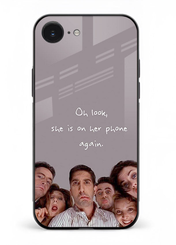 Grey friends quote artwork printed on glossy tempered glass iPhone 16E back cover