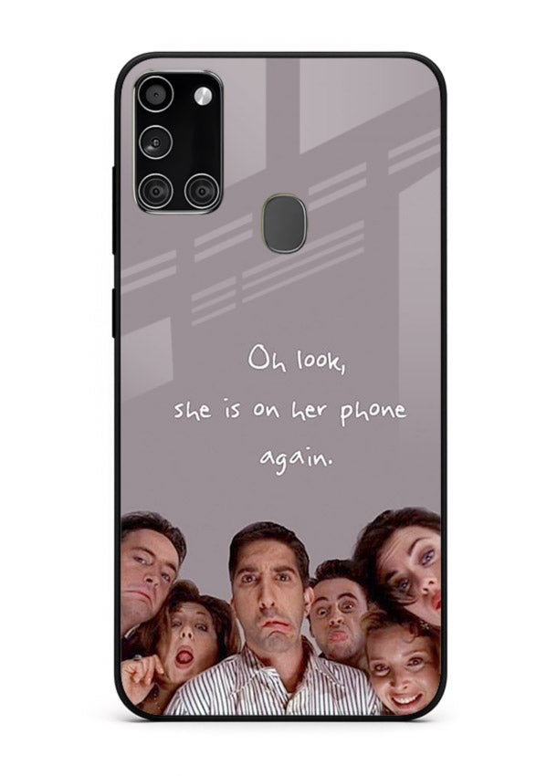 Grey friends quote artwork printed on glossy tempered glass Samsung A21s back cover