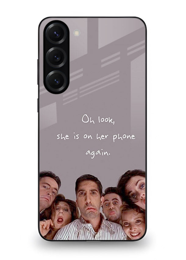 Grey friends quote artwork printed on glossy tempered glass Samsung S23 Plus back cover