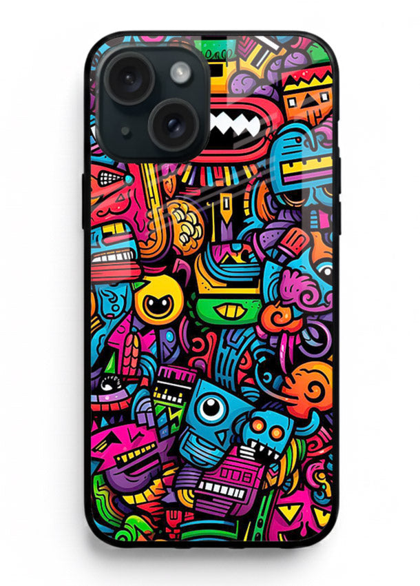 Funky Cartoon Doodles fun cartoon doodle pattern iphone 15 plus glass back cover