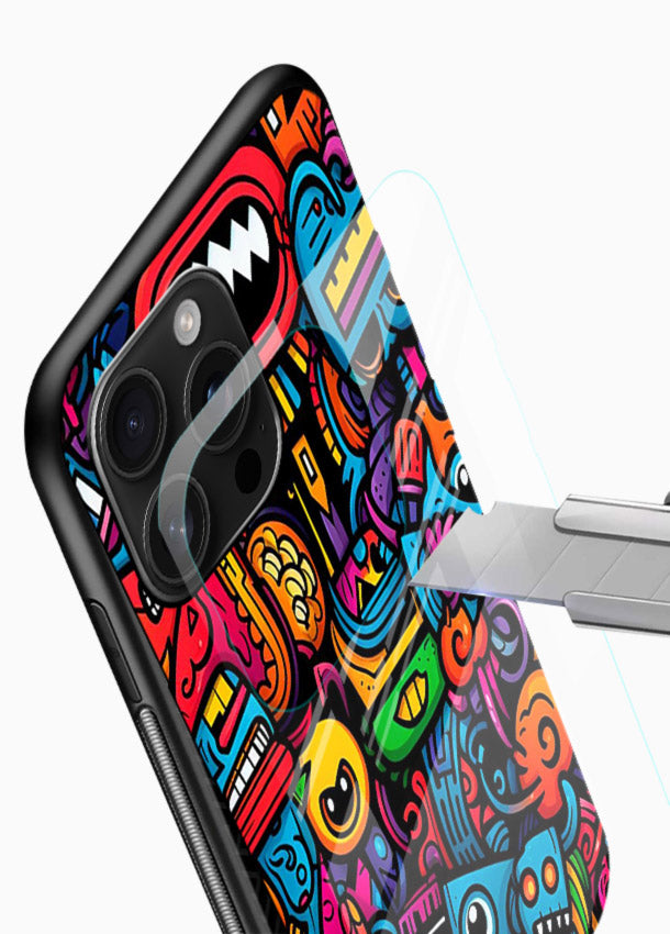 Funky Cartoon Doodles fun cartoon doodle pattern glossy vibrant premium glass back cover - Angle Blade