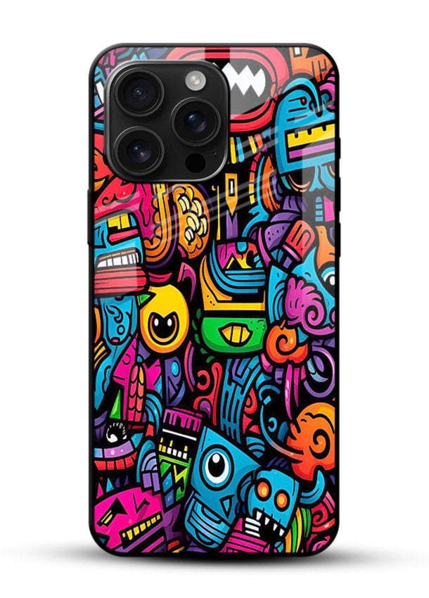 Funky Cartoon Doodles fun cartoon doodle pattern glossy vibrant premium glass back cover - Angle Front