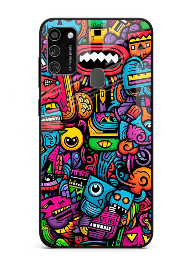 Funky Cartoon Doodles fun cartoon doodle pattern Samsung M21 glass back cover