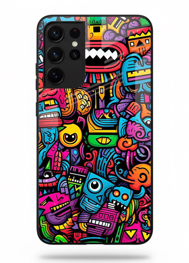 Funky Cartoon Doodles fun cartoon doodle pattern Samsung S21 Ultra glass back cover