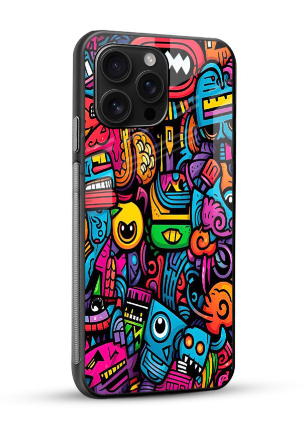 Funky Cartoon Doodles fun cartoon doodle pattern glossy vibrant premium glass back cover - Angle Side