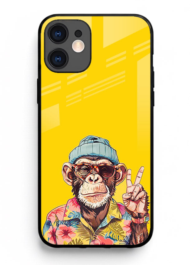 funky monkey yellow art iphone 12 mini glass cover vibrant cartoon character case