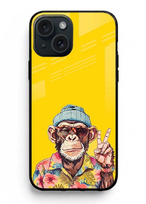 funky monkey yellow art iphone 14 plus glass cover vibrant cartoon character case