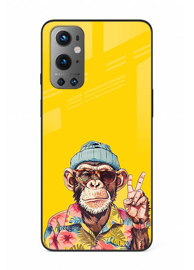 funky monkey yellow art OnePlus 9 glass cover vibrant cartoon character case