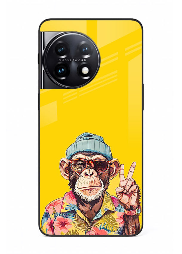 funky monkey yellow art OnePlus 11R glass cover vibrant cartoon character case
