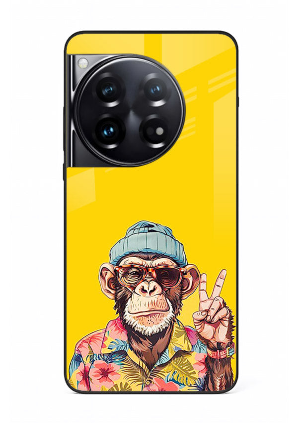 funky monkey yellow art OnePlus 12 glass cover vibrant cartoon character case