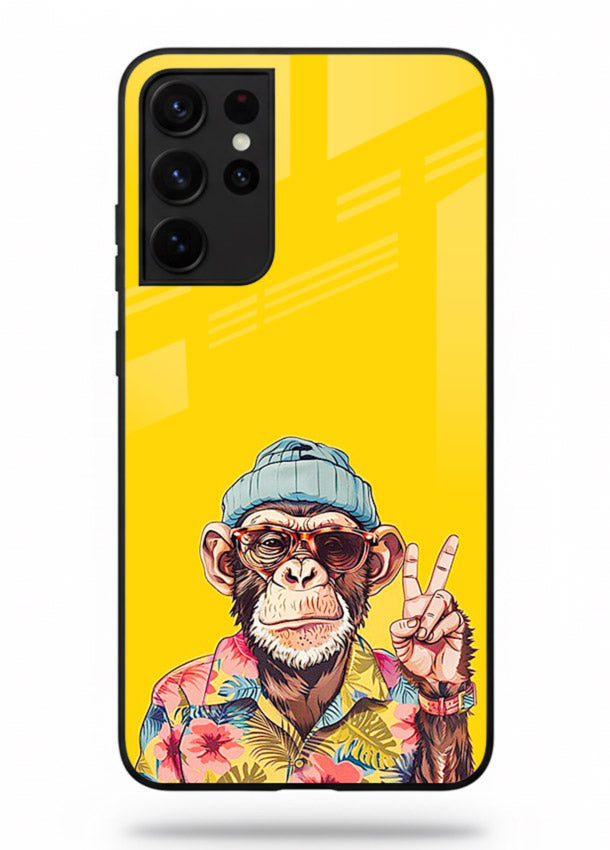 funky monkey yellow art Samsung S21 Ultra glass cover vibrant cartoon character case