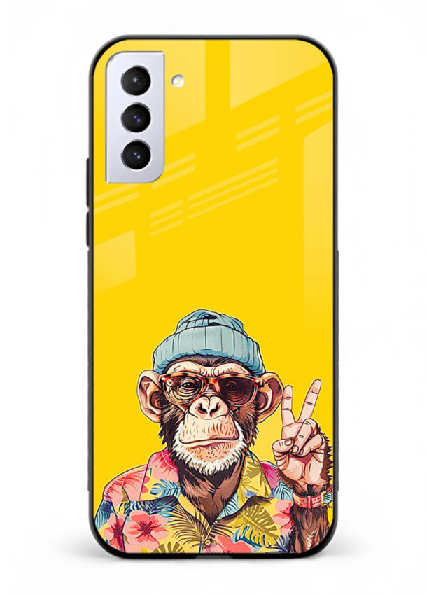 funky monkey yellow art Samsung S21 FE glass cover vibrant cartoon character case