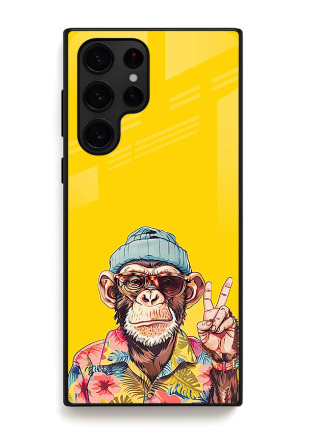 funky monkey yellow art Samsung S23 Ultra glass cover vibrant cartoon character case