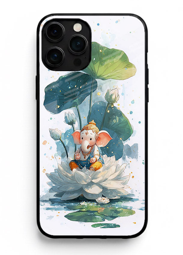 Baby Ganesh lotus artwork iphone 16 pro max mobile glass back cover