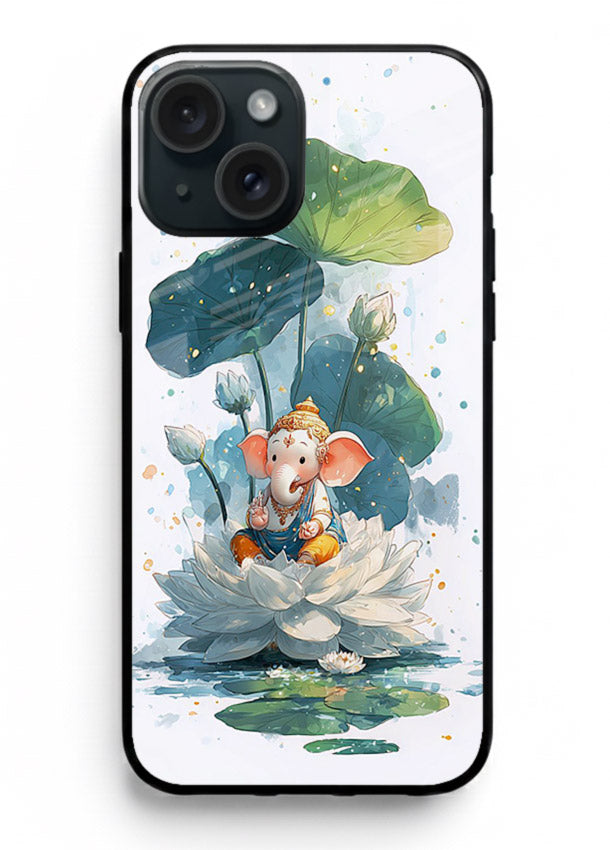 Baby Ganesh lotus artwork iphone 14 plus mobile glass back cover