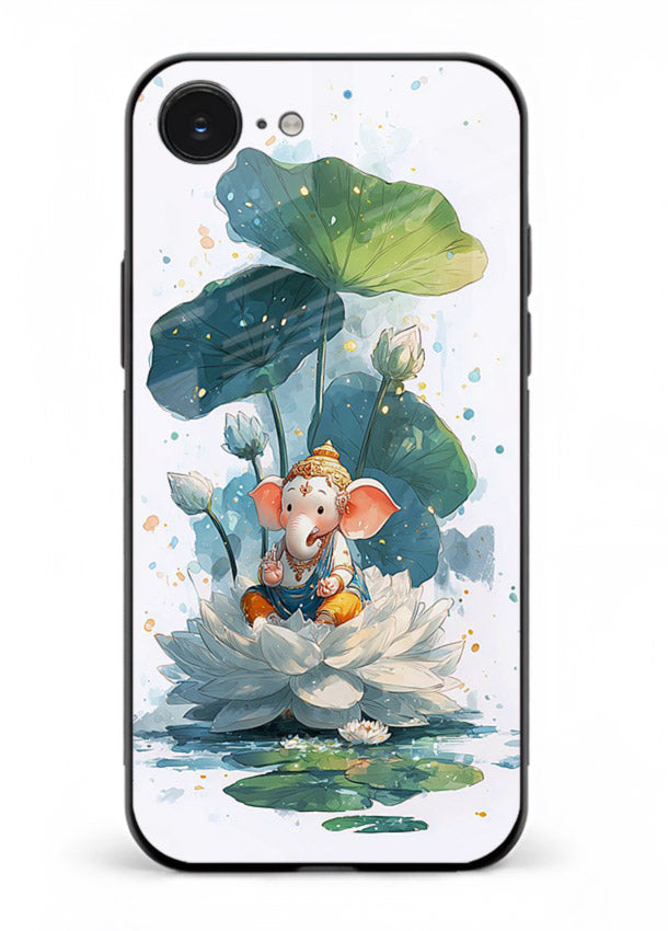 Baby Ganesh lotus artwork iphone 16e mobile glass back cover
