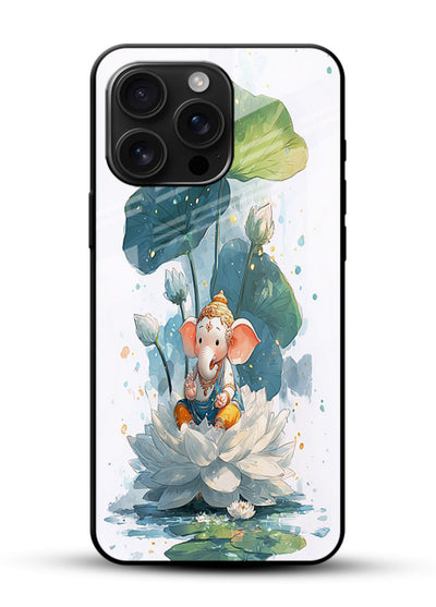 Baby Ganesh lotus artwork glossy vibrant premium mobile glass back cover - Angle Front