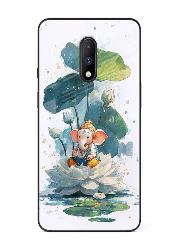 Baby Ganesh lotus artwork OnePlus 7 mobile glass back cover