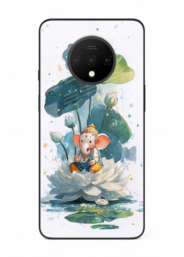 Baby Ganesh lotus artwork OnePlus 7T mobile glass back cover