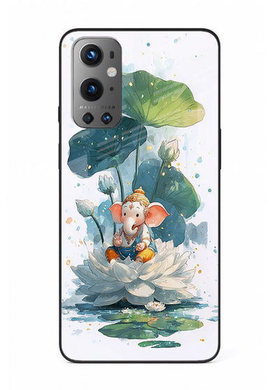 Baby Ganesh lotus artwork OnePlus 9 mobile glass back cover