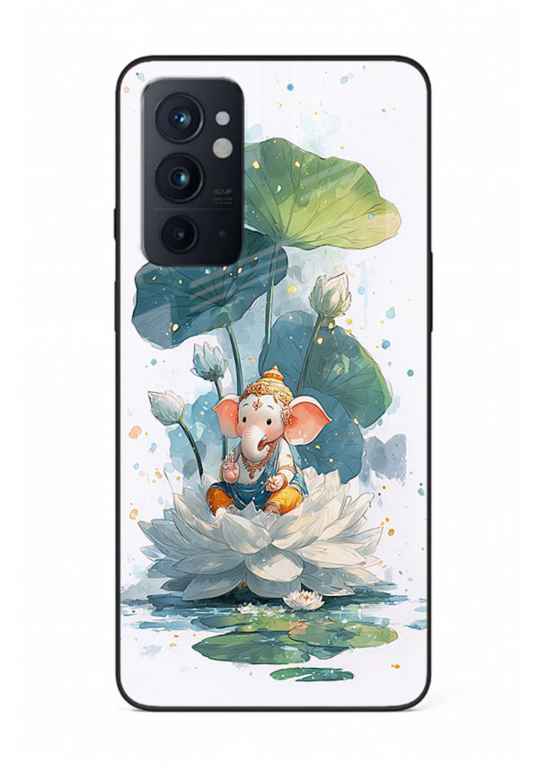 Baby Ganesh lotus artwork OnePlus 9RT mobile glass back cover