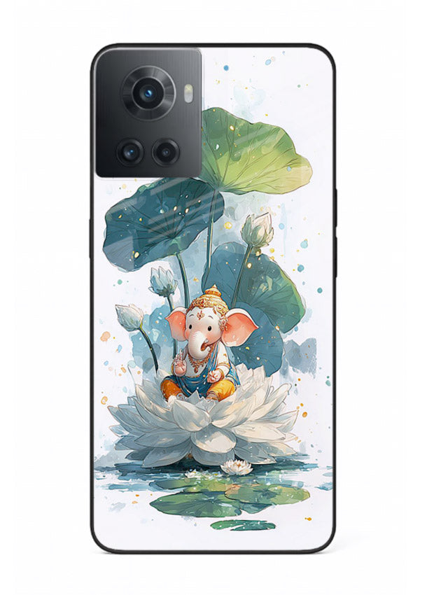 Baby Ganesh lotus artwork OnePlus 10R mobile glass back cover