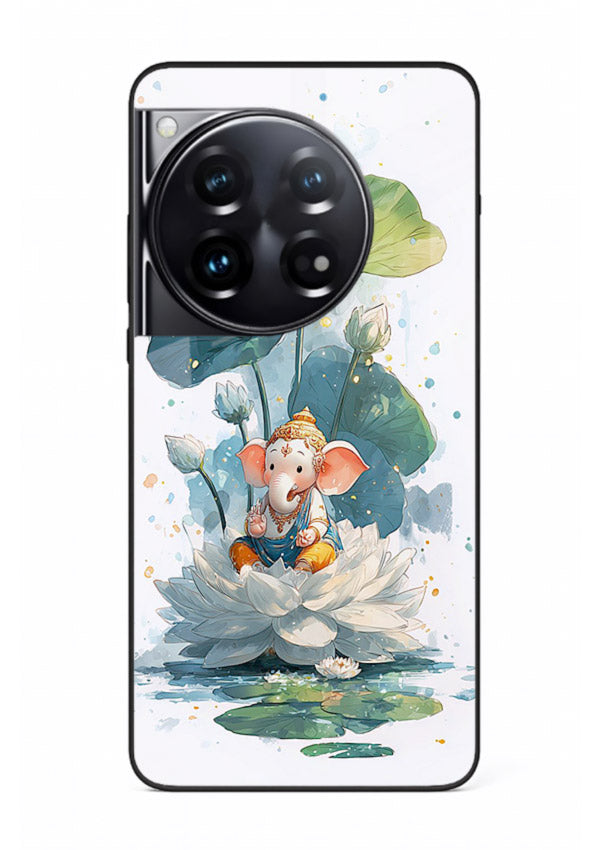 Baby Ganesh lotus artwork OnePlus 12 mobile glass back cover