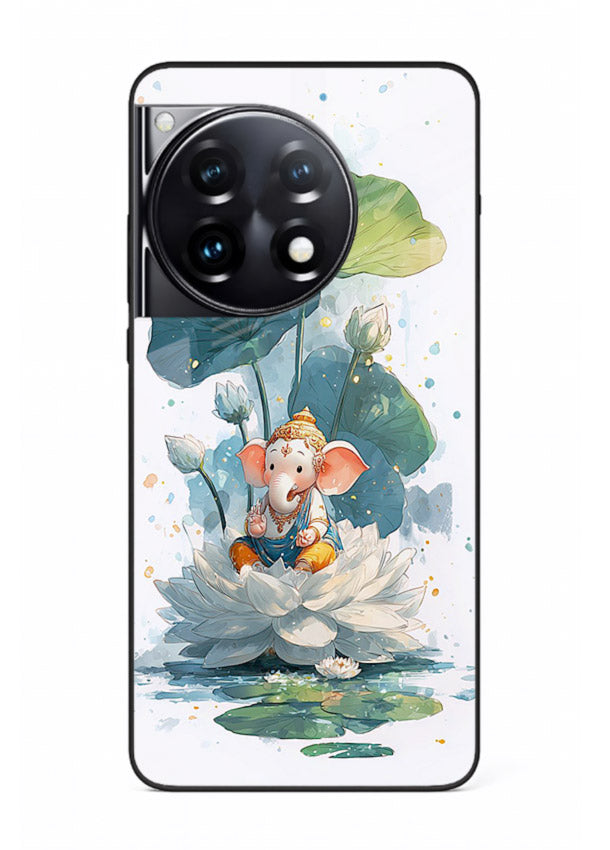 Baby Ganesh lotus artwork OnePlus 12R mobile glass back cover