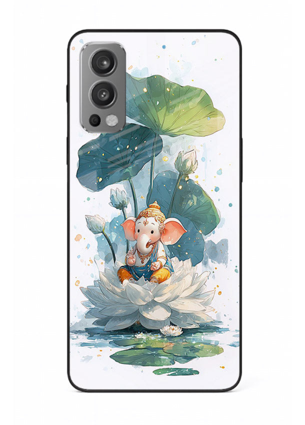 Baby Ganesh lotus artwork OnePlus Nord 2 mobile glass back cover