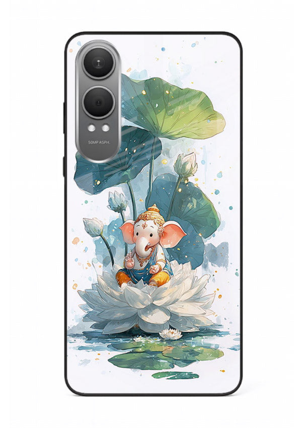 Baby Ganesh lotus artwork OnePlus Nord CE4 Lite mobile glass back cover