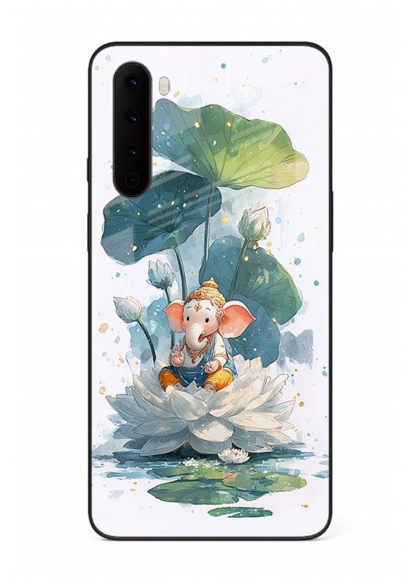 Baby Ganesh lotus artwork OnePlus Nord mobile glass back cover
