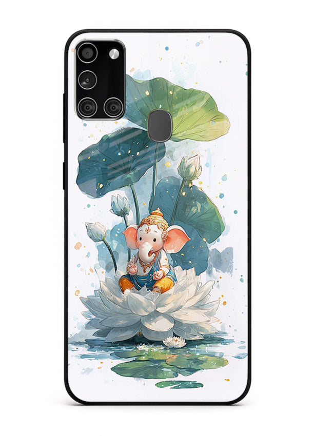 Baby Ganesh lotus artwork Samsung A21s mobile glass back cover